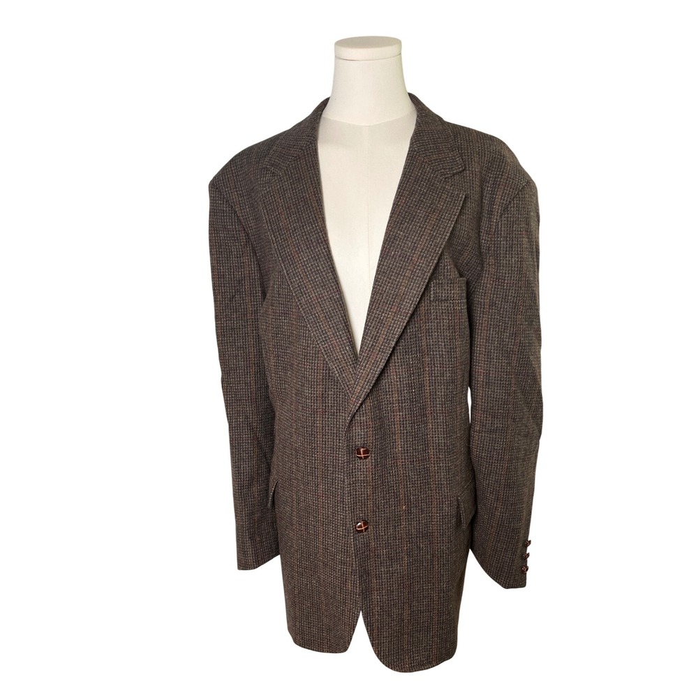 Vintage Wool Tweed Blazer 46L Trophy Club‎ Brown Plaid Academia Heritage Jacket